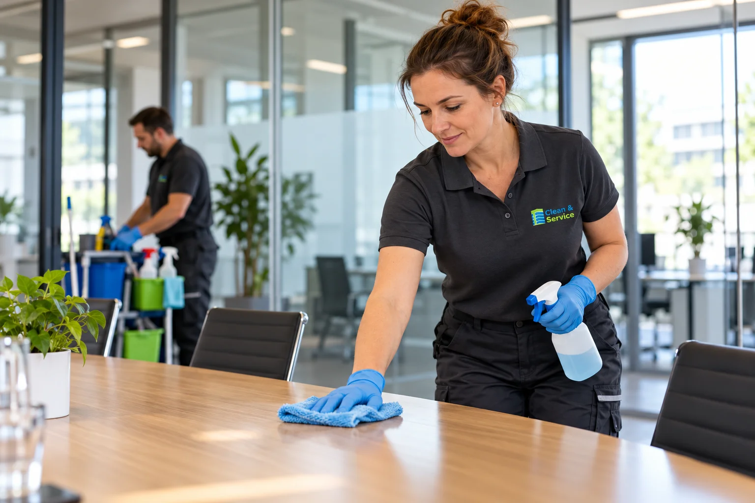 Reinigungskraft mit Clean & Service Arbeitskleidung bei der Büroreinigung