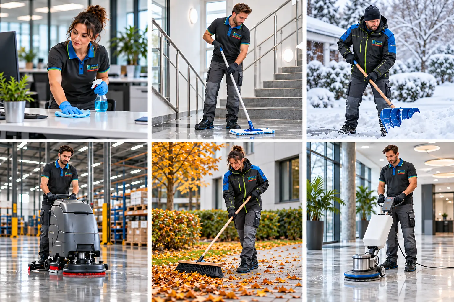 Sechs Arbeitsszenen zeigen Büroreinigung, Treppenhausreinigung, Winterdienst, Hallenreinigung, Außenpflege und maschinelle Bodenreinigung.
