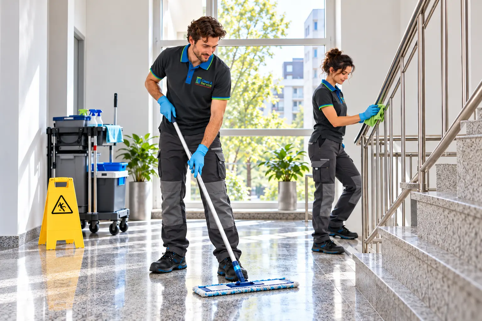 Reinigungsteam in einheitlicher Arbeitskleidung beim Wischen eines hellen Treppenhauses und Reinigen des Handlaufs.