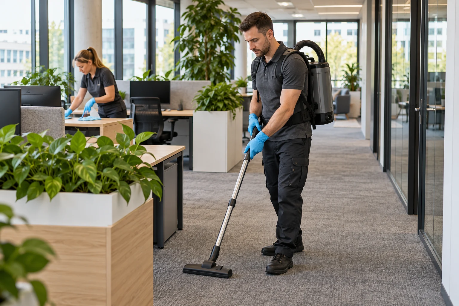 Bodenpflege mit professioneller Saugausrüstung im Büro