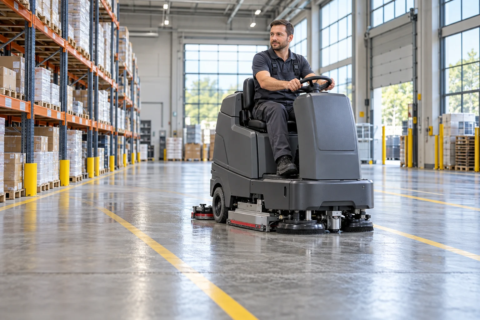 Maschinelle Bodenreinigung in einer Industriehalle