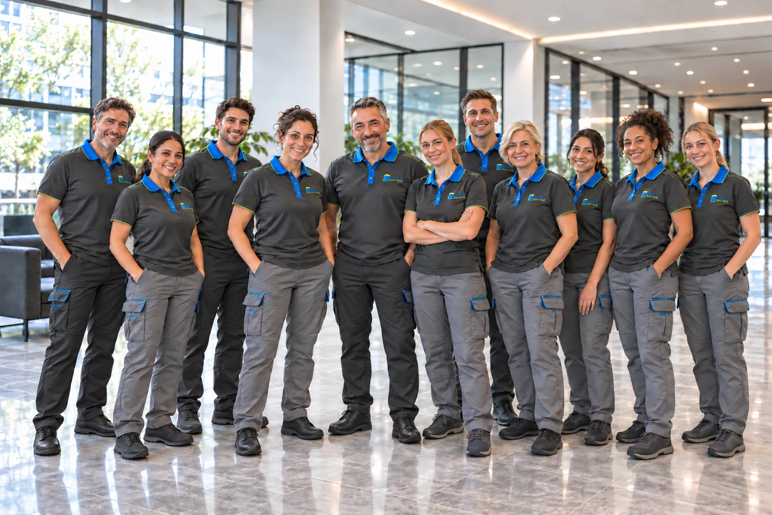 Illustratives Teammotiv in Clean & Service Arbeitskleidung mit Brustlogo